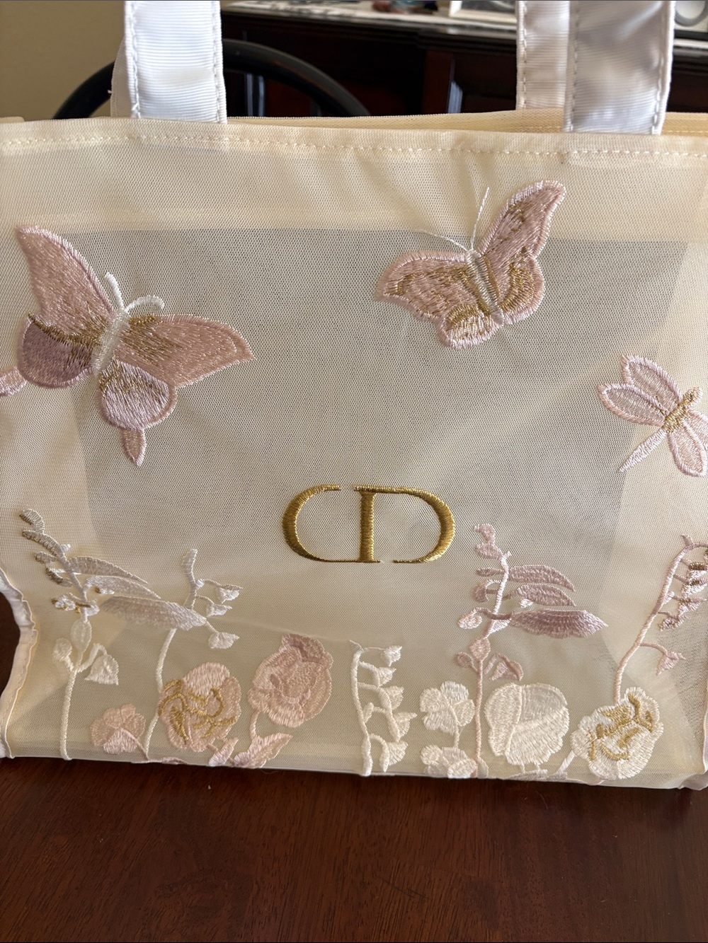 Dior Beige Embroidered Floral & Butterfly Tote with Gold CD Logo